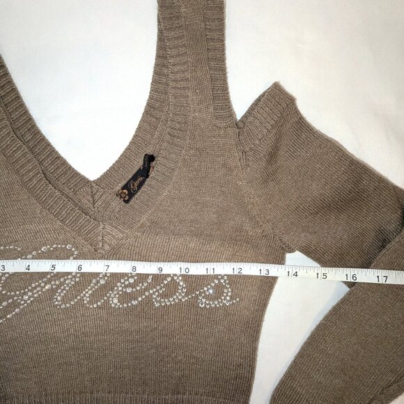 Guess | Taupe Brown Cold Shoulder Sweater Y2K Rhinestone Embellished | Medium - Picture 11 of 12